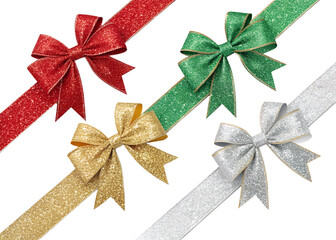 Christmas glitter ribbons PNG set – red, green, gold and silver sparkling bows, isolated transparent background