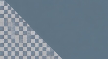 Abstract background with diagonal split showing checkered and solid blue tones.