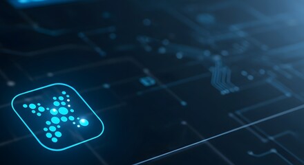 Close-up of a glowing digital circuit board with a cryptocurrency symbol.