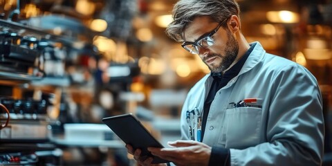Engineer in lab coat uses a tablet to analyze data in a factory setting.