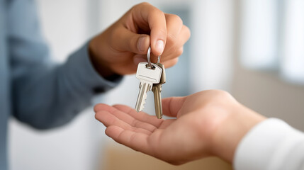 Close-up of one person handing over house keys to another in a real estate or rental setting.
