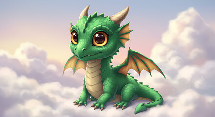 Fototapeta premium Cute cartoon dragon illustration, small fantasy creature with big eyes, wings, and friendly smile, adorable mythical animal character for kids, mascot, or fairytale design.