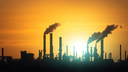 Industrial refinery silhouette at sunset with steam plumes against a dramatic gradient sky.