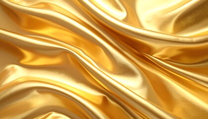 Flowing golden satin textile with soft, shiny folds creating an elegant and luxurious abstract background concept for design
