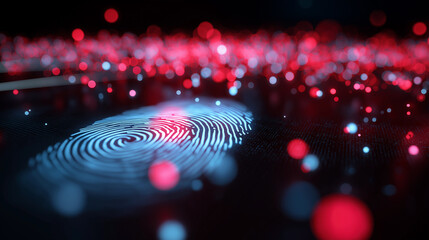 Digital fingerprint scanned on a futuristic surface with red and blue particles.
