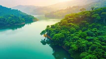 Naklejka premium Aerial View of Lush Green Forest Surrounding Calm Blue River in Mountain Landscape