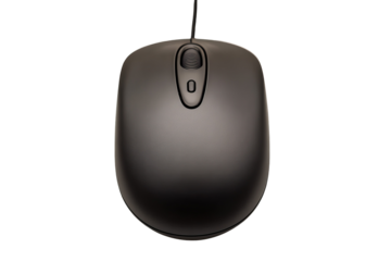 Top View of Wired Matte Black Mouse with Smooth Matte Finish on Transparent Background