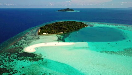 Aerial View of Tropical Atoll with Turquoise Lagoon and White Sandbar