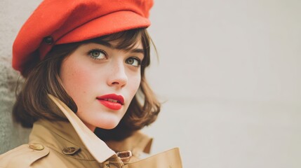 Portrait of a stylish woman wearing a red beret and tan trench coat, looking off to the side.
