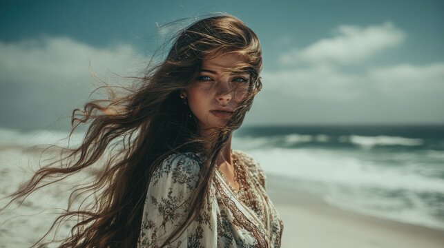 Woman with windblown hair on a sandy beach looks at the viewer against an ocean backdrop.