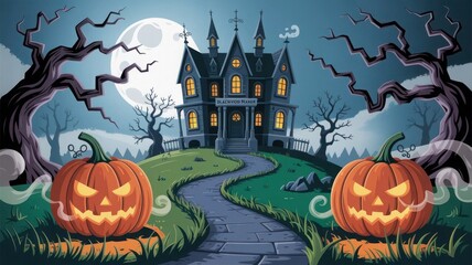 Fototapeta premium Spooky halloween night with jack o lanterns and bats under a full moon. Holiday event halloween banner background concept 