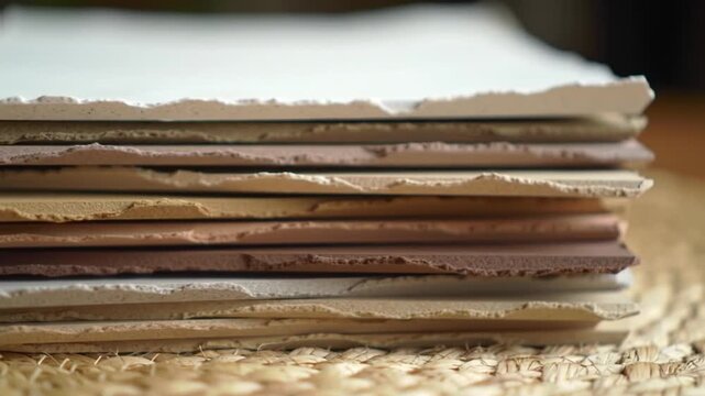 Close-up of a rustic stack of beautiful handmade deckle edge paper in a variety of natural and earthy tones perfect for artistic crafts journaling and elegant s