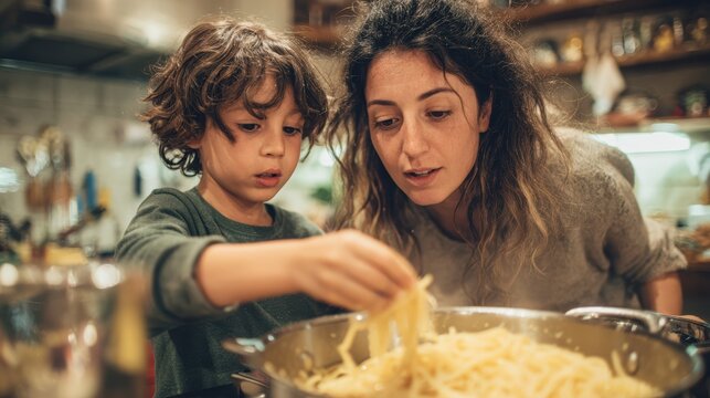 Mother and son cooking pasta together in the kitchen, spending quality time, learning to cook.