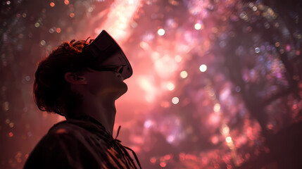 man wearing virtual reality headset in front of galaxy background