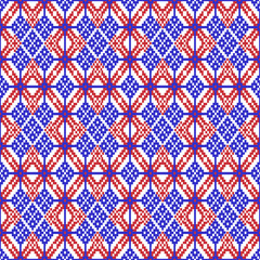 seamless geometric pattern
Bold and striking seamless geometric pattern, designed in a distinct pixel art or cross-stitch style, reminiscent of traditional ethnic embroidery. 