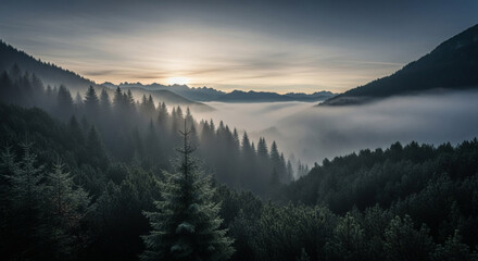 Misty Mountain Sunrise: Serene Forest Landscape Photography