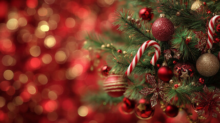 Obraz premium Holiday decorations on pine tree branch closeup