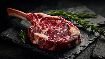 Large raw tomahawk steak on dark stone background