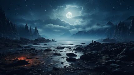 A Dark Shoreline Under a Full Moon
