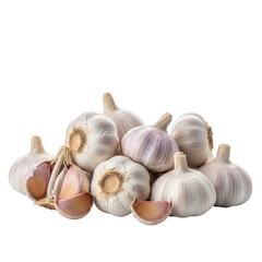 Pile of fresh garlic bulbs and cloves with papery skin, isolated on transparent background
