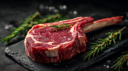 Uncooked tomahawk steak with herbs close up