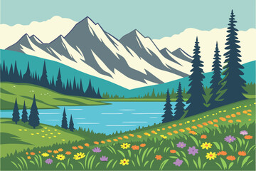 Snowy mountains tower above serene lake with flower filled meadow and tall evergreen trees