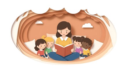 Illustration of teacher reading book to diverse group of children, concept of education, storytelling, childhood learning, and early literacy development in classroom
