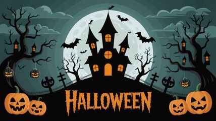 Spooky halloween night with jack o lanterns and bats under a full moon. Holiday event halloween banner background concept	