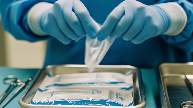 Person Preparing Medical Equipment for Surgical Procedure