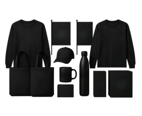 Black Tote Bag, Cap, Mug, and Packaging Mockup. Clothing and Accessories Mockup Set for Branding Presentation. Black Fashion and Lifestyle Merchandise Blank Mockup