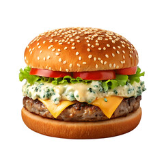Juicy gourmet burger with melted cheese and sesame seeds transparent background