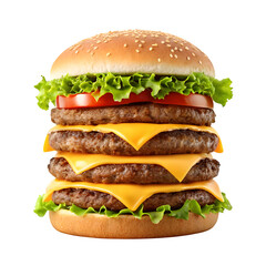 Juicy triple cheeseburger with lettuce and tomato transparent background