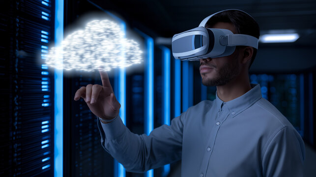 Man wearing VR headset interacting with a virtual cloud interface in a data center.
