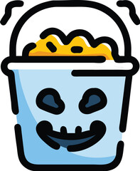 Cute halloween bucket icon filled with candy and spooky jack-o'-lantern face