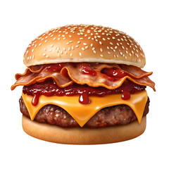 Delicious bacon cheeseburger with melty cheese sauce transparent background