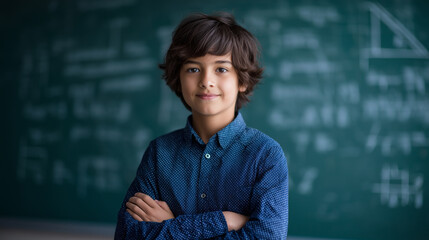 Confident schoolboy standing in front of a chalkboard with math formulas in the background.

