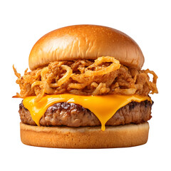 Delicious burger with melted cheese and crispy onions transparent background