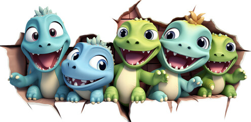 Fototapeta premium Playful Dinosaur Quartet Emerging from a Crack transparent background png