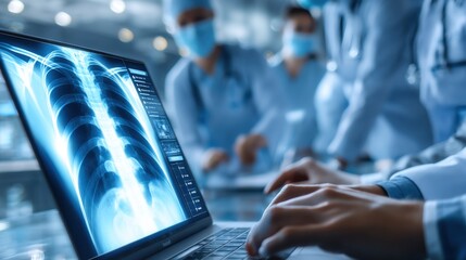 Medical professionals analyzing x-ray images in a hospital setting focusing on lung health clinical environment close-up view