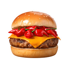 Delicious cheeseburger with peppers and melted cheese transparent background