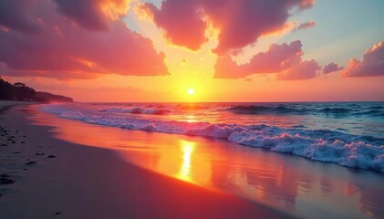 Golden hour sunlight paints the sky with vibrant oranges and pinks as the sun rises over a tranquil beach, illuminating the wet sand and gentle waves A serene and peaceful scene , scenery, shadow