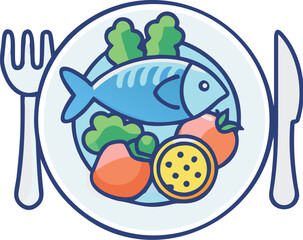 Healthy seafood meal plate with fork and knife icon
