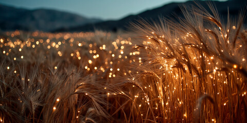 Un campo de trigo iluminado con pequeñas luces.