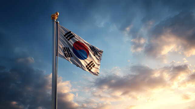 South Korean Flag Waving Against a Dramatic Sky at Sunset