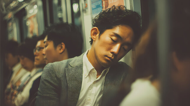Subway Nap Tired Commuter Sleeping on Train in Japan