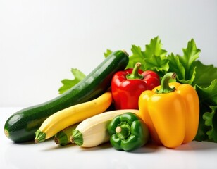 Fresh Assortment of Zucchini and Colorful Bell Peppers on White Background