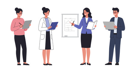 Fototapeta premium A team of diverse professionals, including a doctor, participating in a business meeting and presentation with a chart.