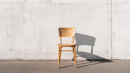 Isolated Vintage Wooden Chair against Concrete Wall with Striking Shadow Display