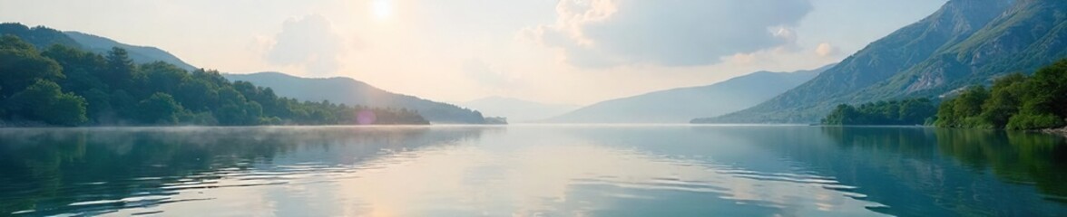 Fototapeta premium Serene lakeside scene perfect for relaxation Calm water reflects the tranquil sky, ideal for a peaceful escape Enjoy the quiet beauty of nature , rest, horizon