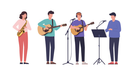 Obraz premium Four musicians perform together: a woman with a saxophone, two men playing acoustic guitars, and a man at a keyboard, all against a white background.